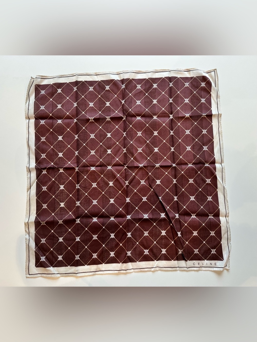 Vintage Celine Monogram Logo Scarf Handkerchief Burgundy Ivory